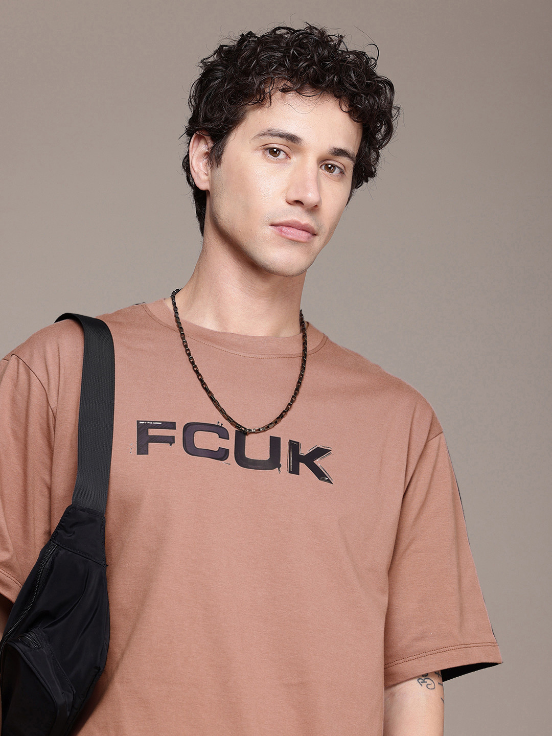 FCUK Brand Logo Printed Drop-Shoulder Sleeves Relaxed Fit Pure Cotton T-shirt