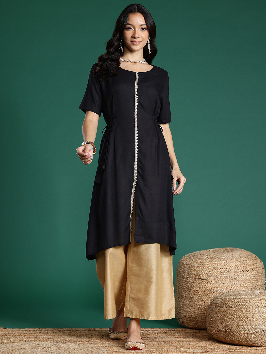 Sangria Zari and Sequins Detail Festive Angrakha Kurta