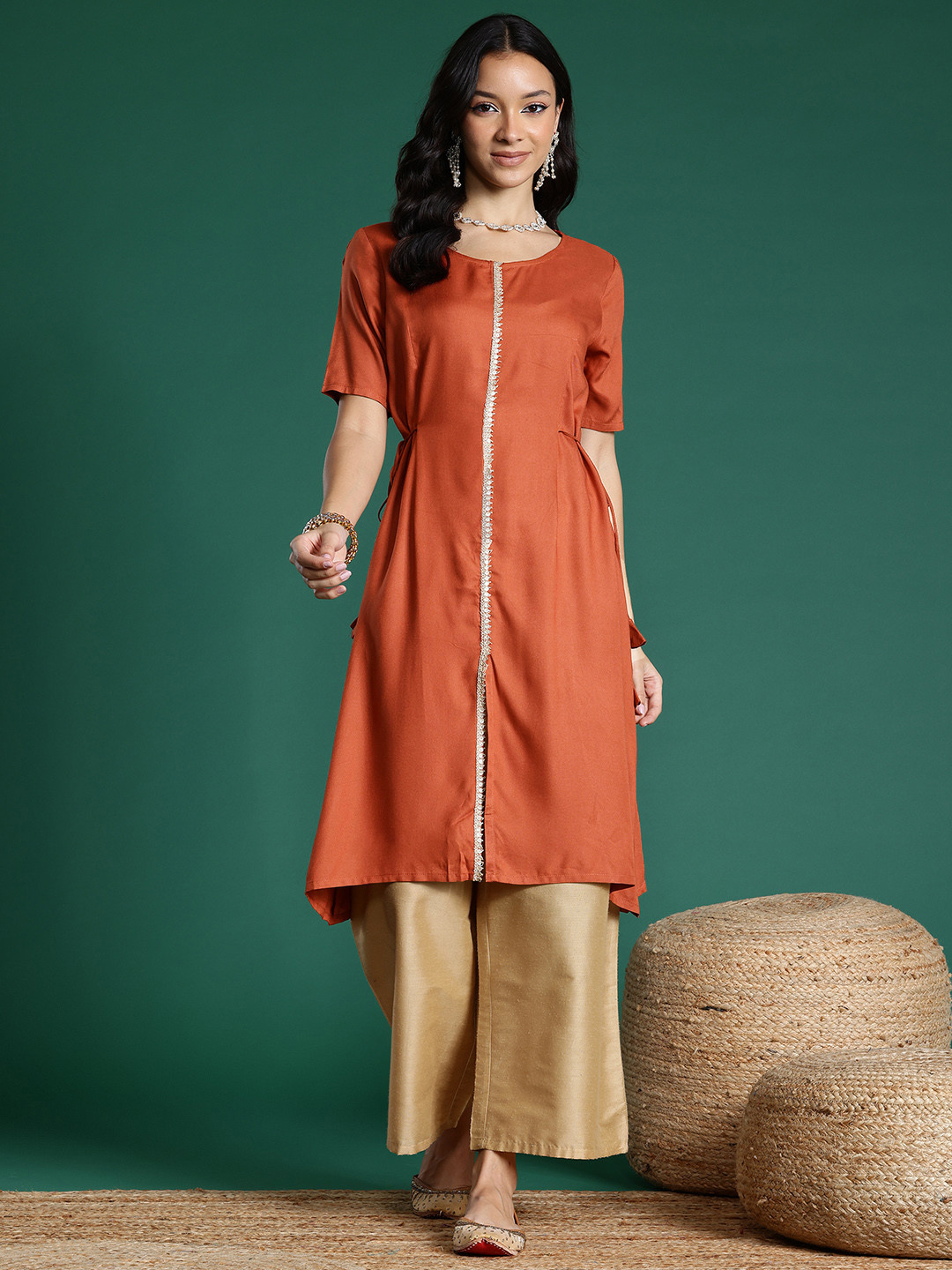 Sangria Zari and Sequins Detail Festive Angrakha Kurta
