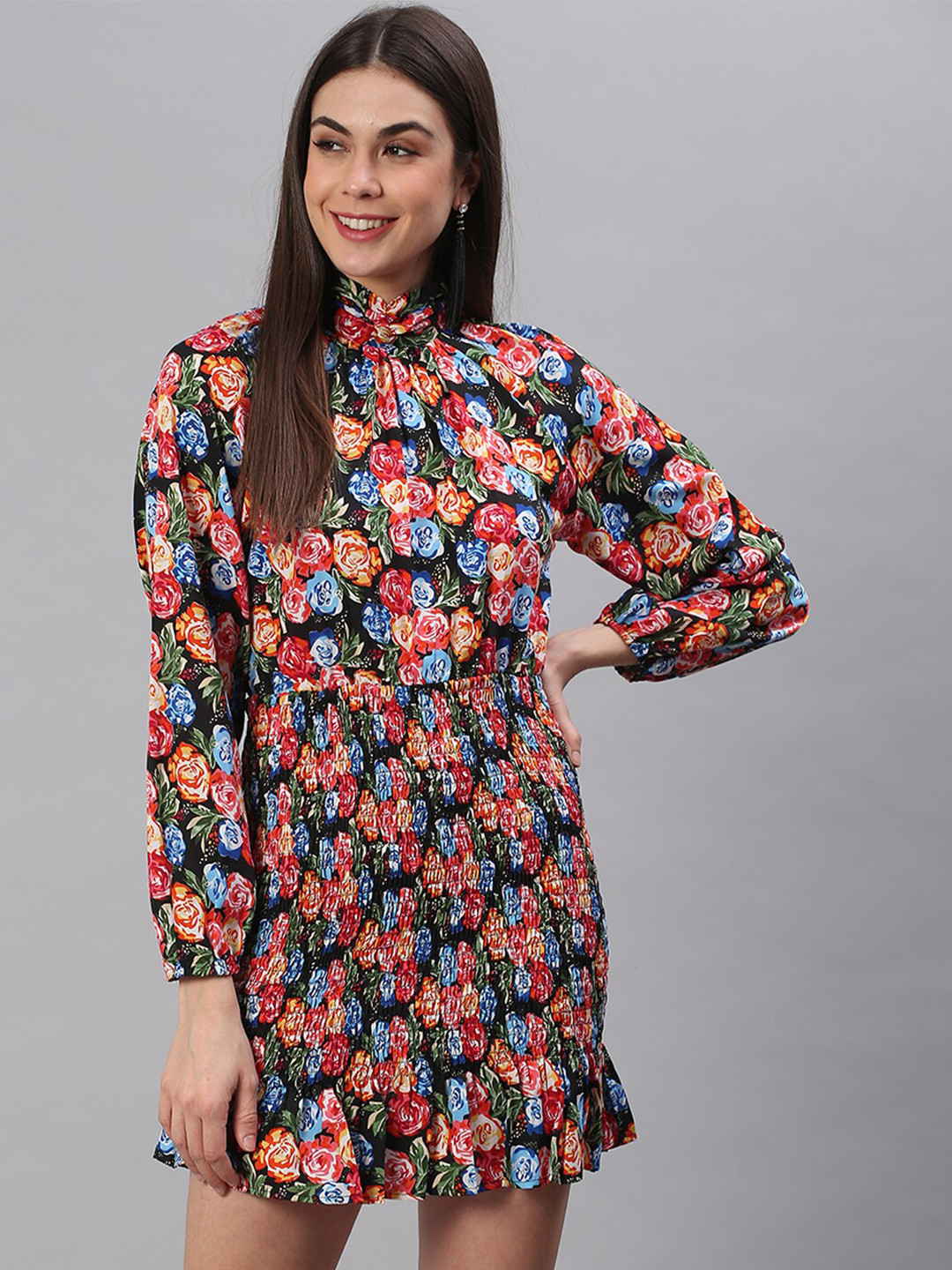 BAESD Floral Print Mock Neck Puff Sleeve Crepe A-Line Dress