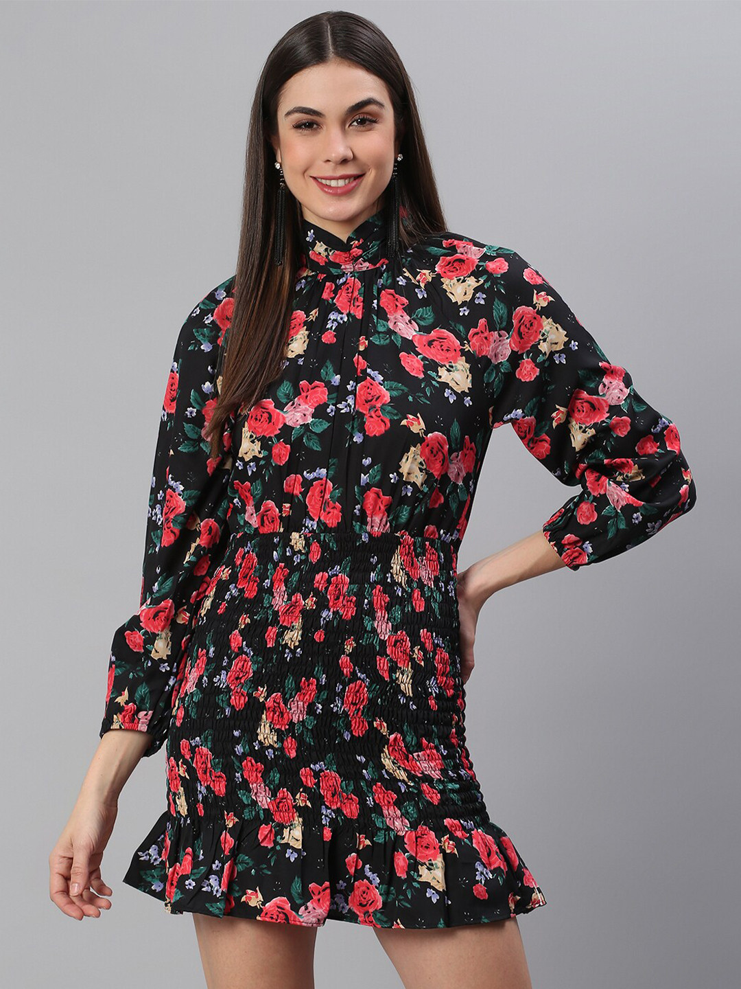 BAESD Floral Print High Neck Long Puff Sleeve Crepe Shirt Style Mini Dress