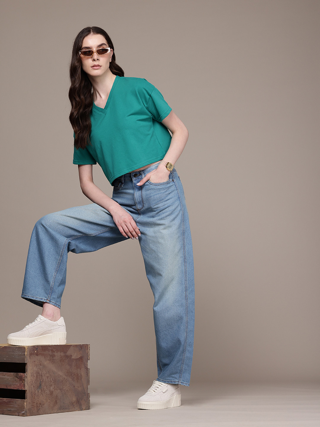 The Roadster Life Co. Women Skater Fit High-Rise Light Fade Stretchable Wide Leg Jeans