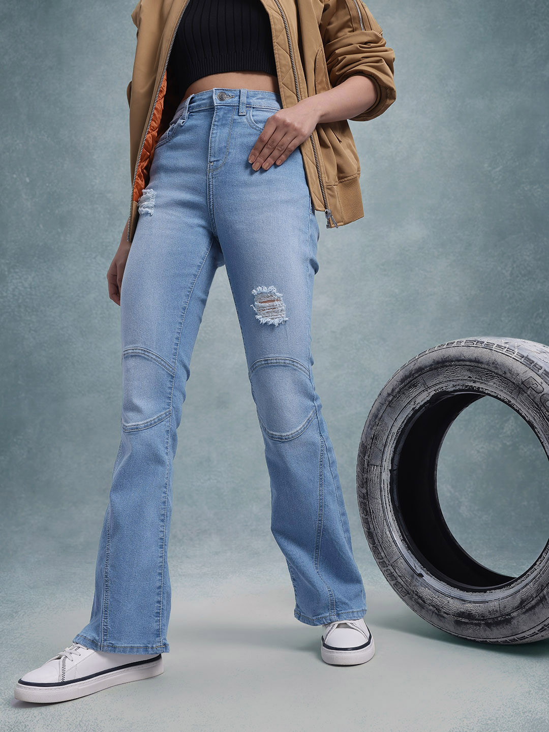 The Roadster Life Co. Women Skinny Flared Fit High-Rise Ripped Jeans