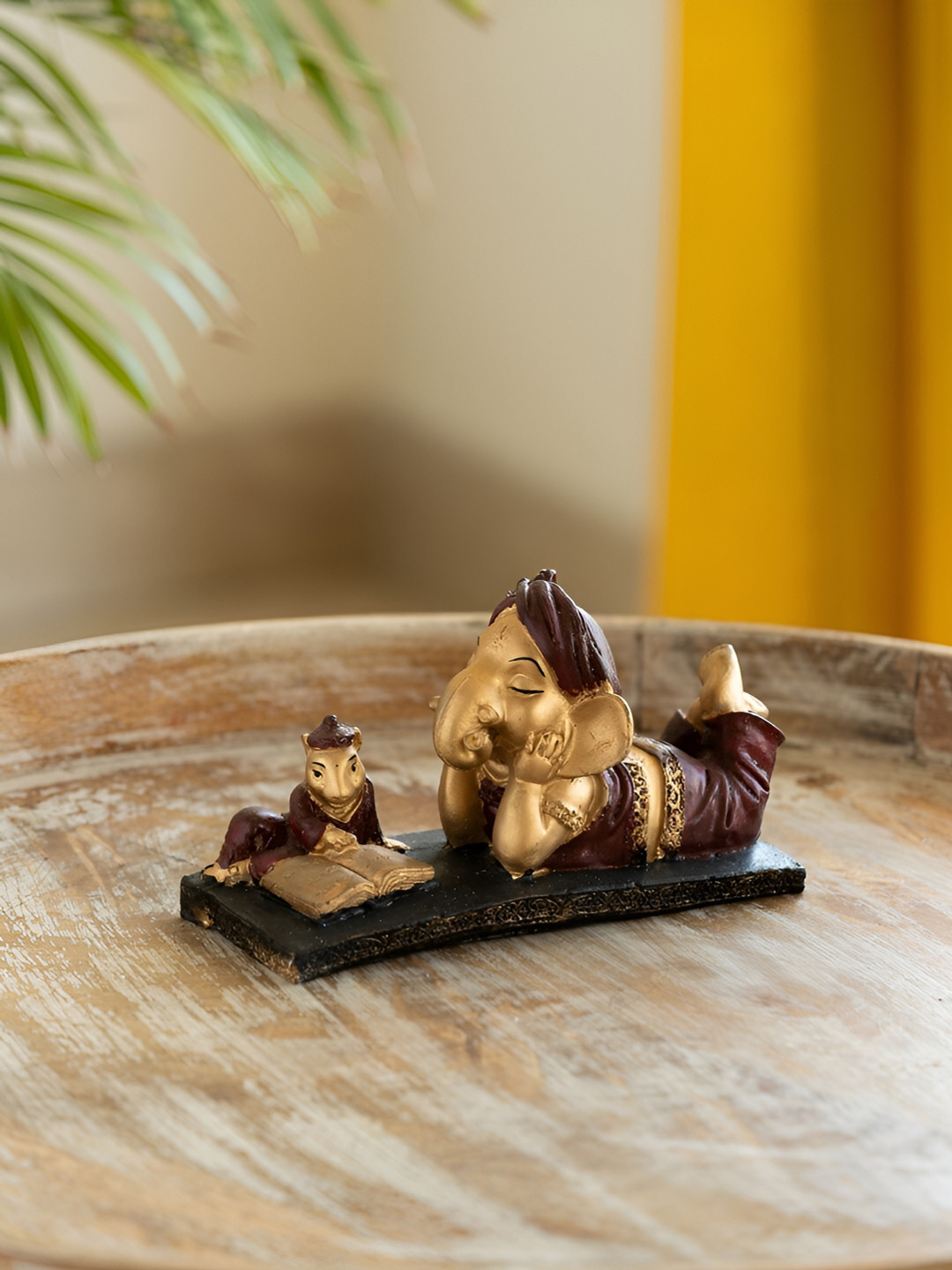ExclusiveLane Reading Ganesha Brown Resin Natural Prayer Room Hand-Crafted Small Showpiece - 4.2 Inches