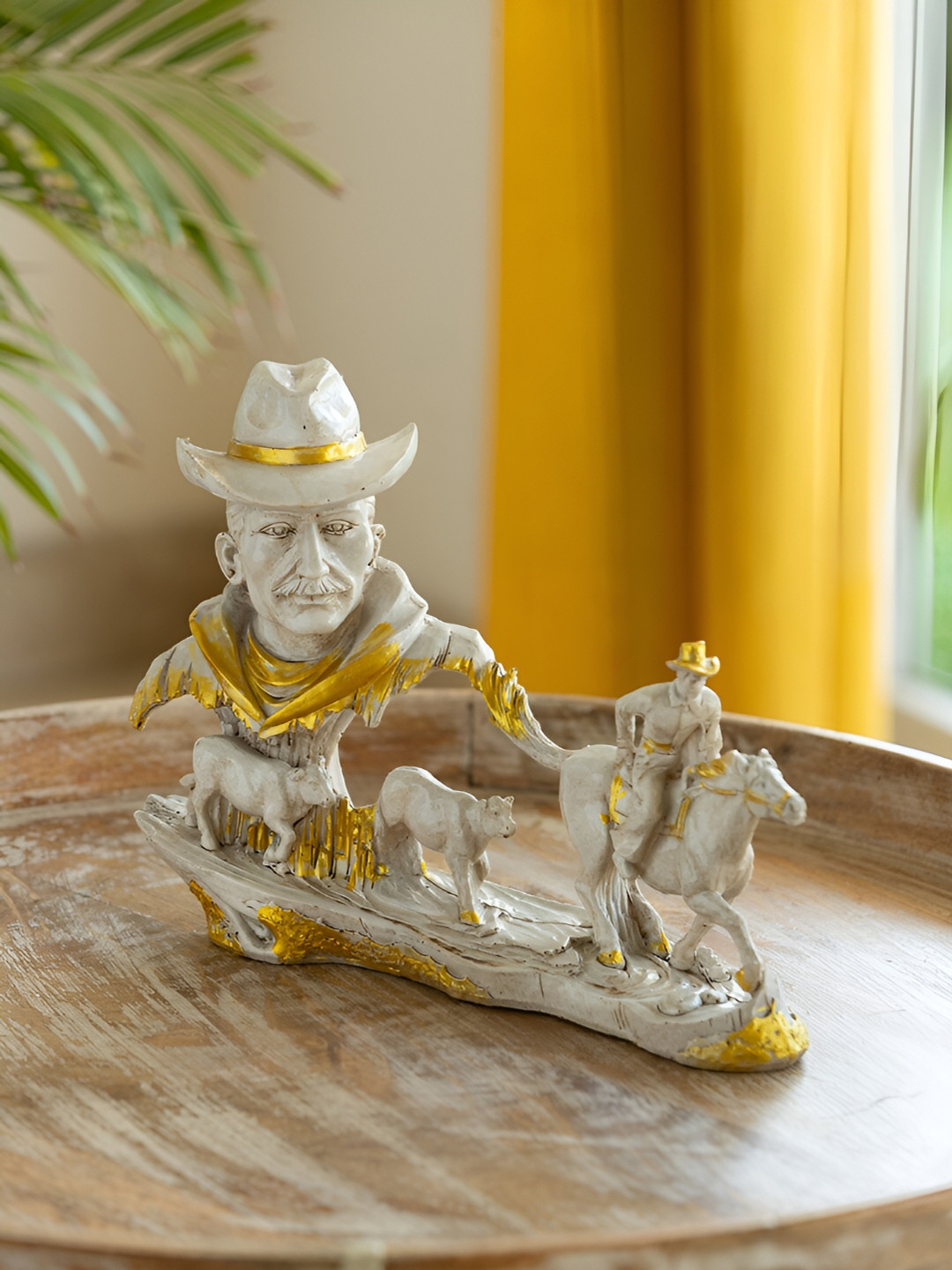 ExclusiveLane Cowboy with Horse Rider Off White Polyresin Natural Living Room Small Showpiece - 8.4 Inches