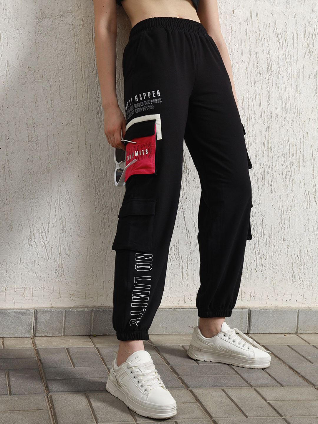 Hubberholme Women Typography Printed Relaxed Straight Leg High-Rise Cargo Jogger