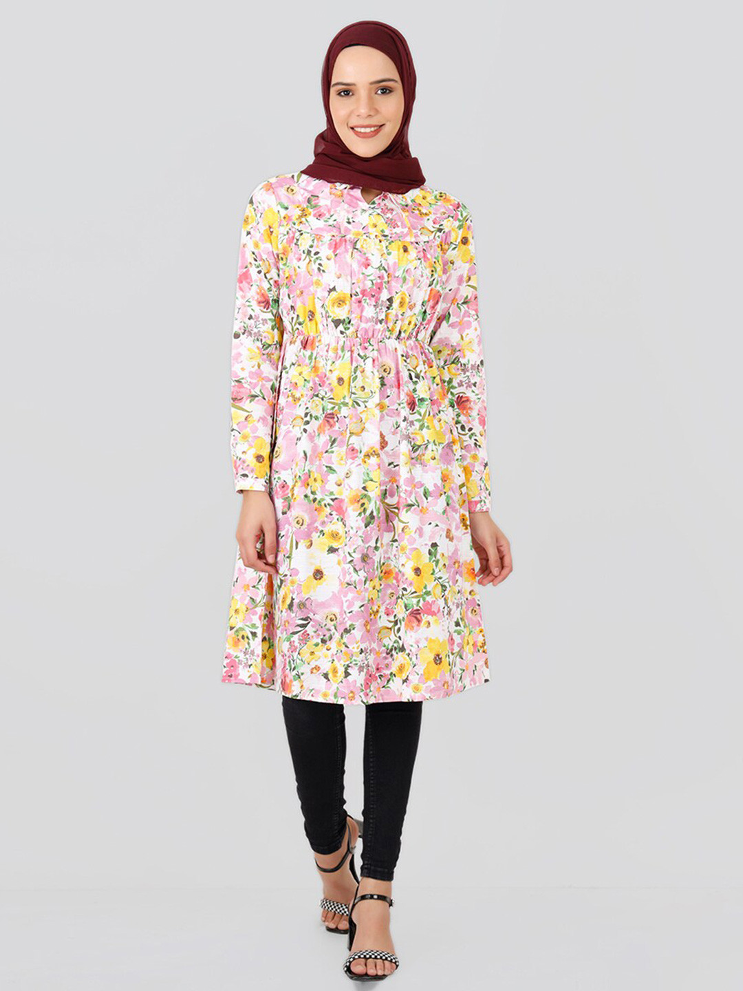 IDH London Floral Print Mandarin Collar Elastic Waist Longline Top