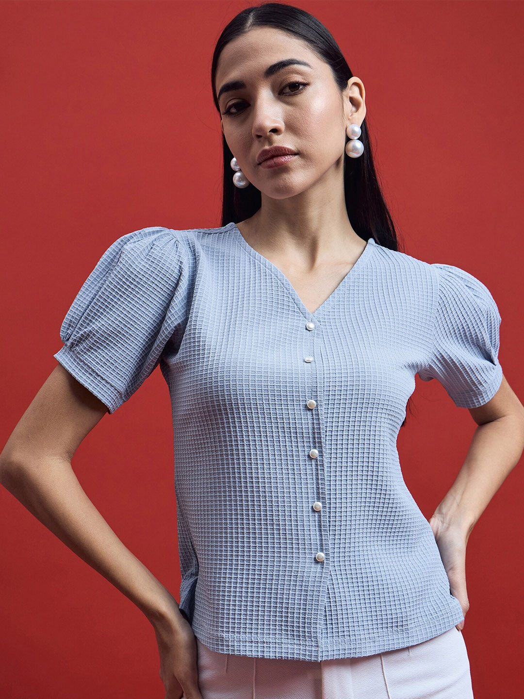 all about you Sky Blue Checked V-Neck Puff Sleeve Regular Top