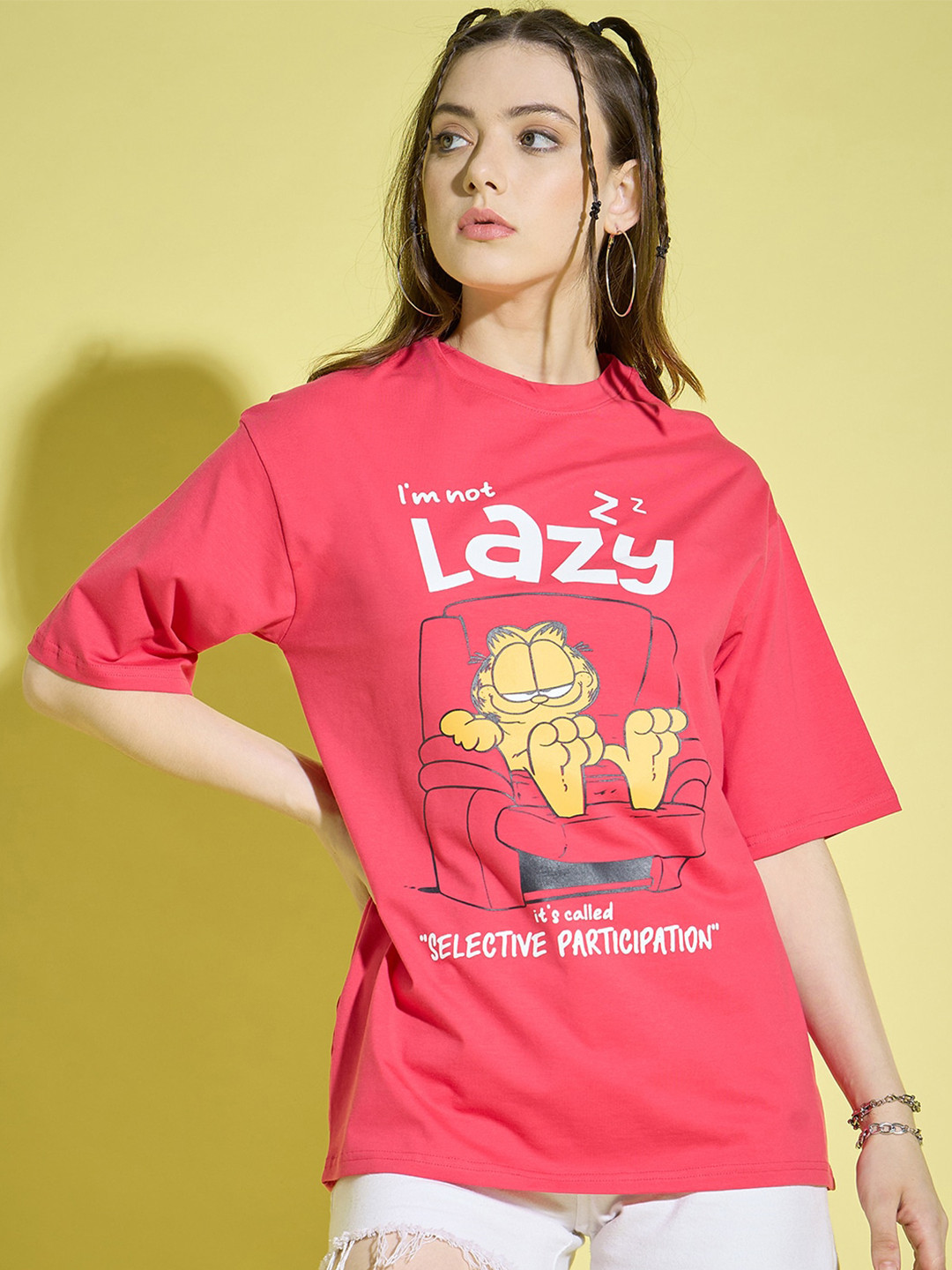 BUY NEW TREND Printed Round Neck Three-Quarter Sleeves Cotton  Oversized T-shirt