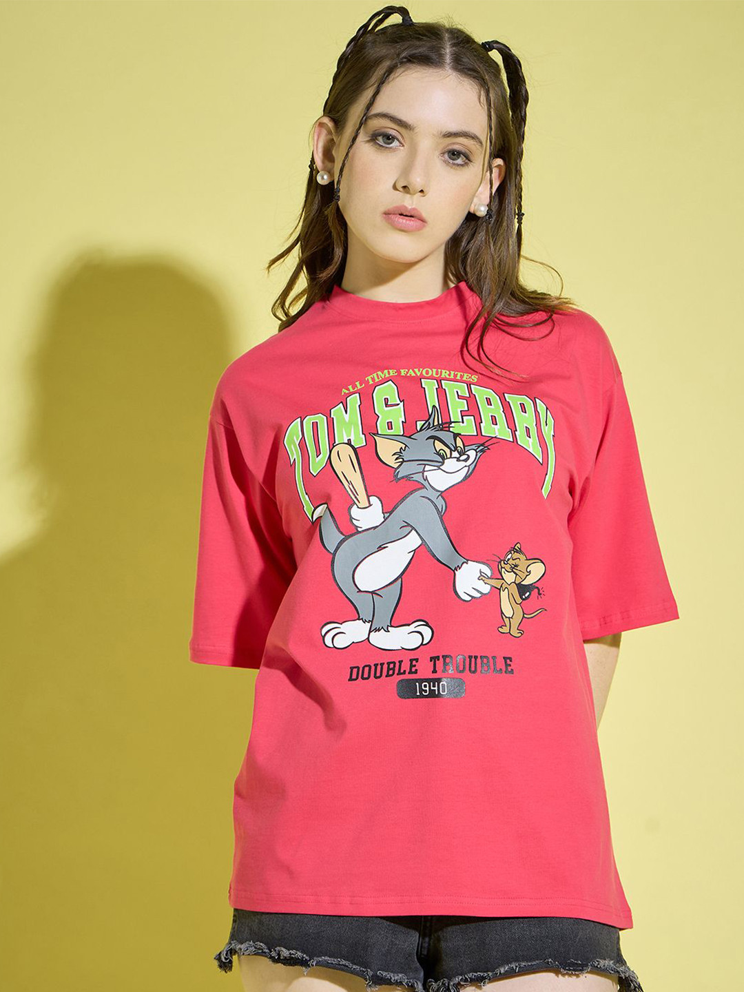 BUY NEW TREND Printed Round Neck Three-Quarter Sleeves Cotton Oversized T-shirt