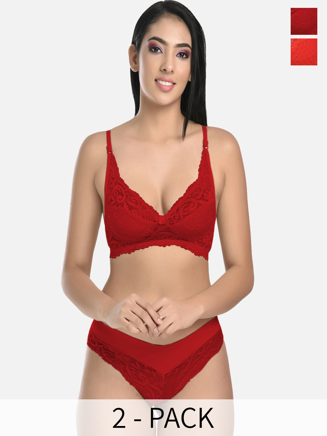 StyFun Pack Of 2 Lace Net Non Padded Bra & Mid-Rise Brief
