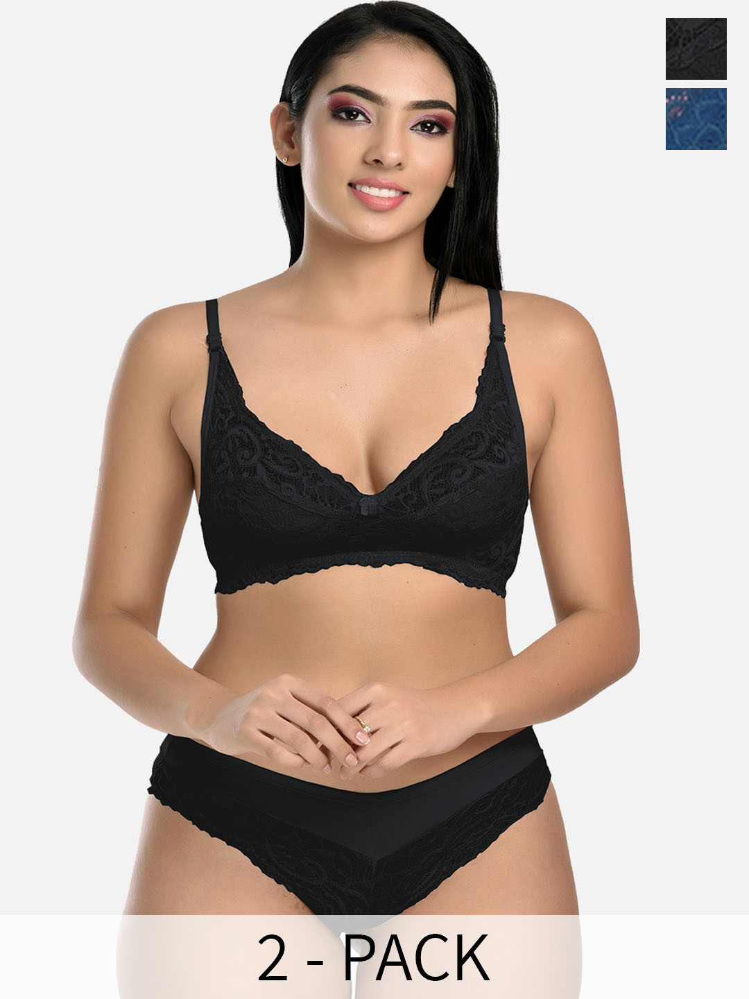 StyFun Pack Of 2 Self Design Lingerie Set VM_Set_Blumer_Black_Stone_Blue_B