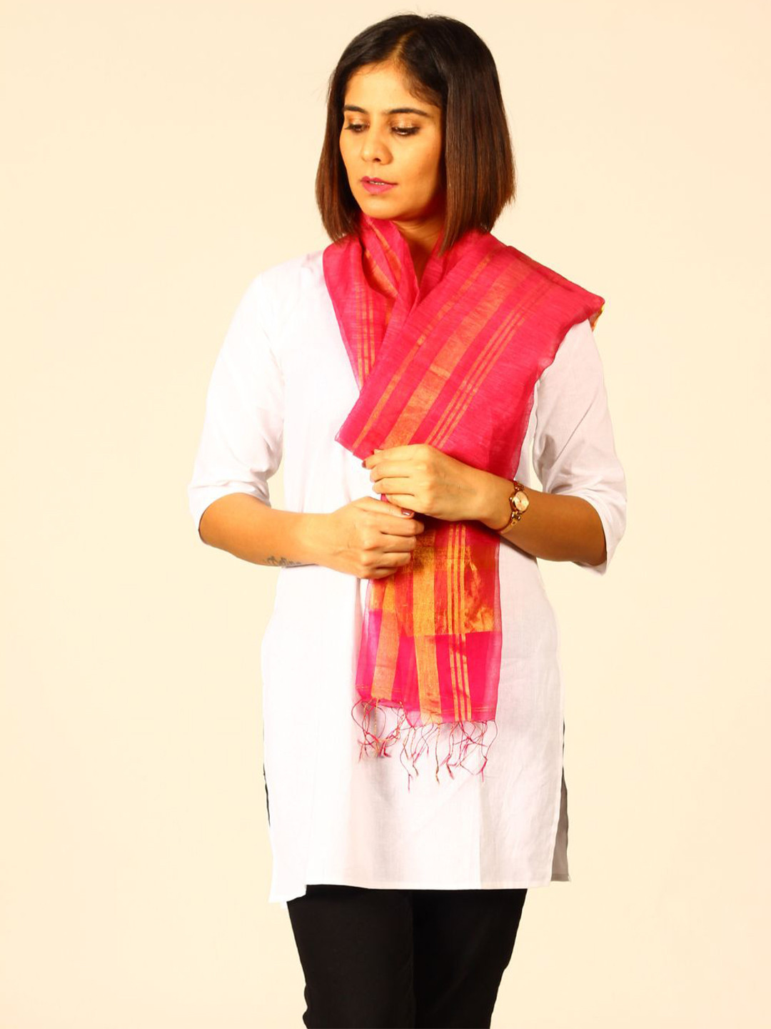 ArtEastri Silk Linen Stole with Fringes