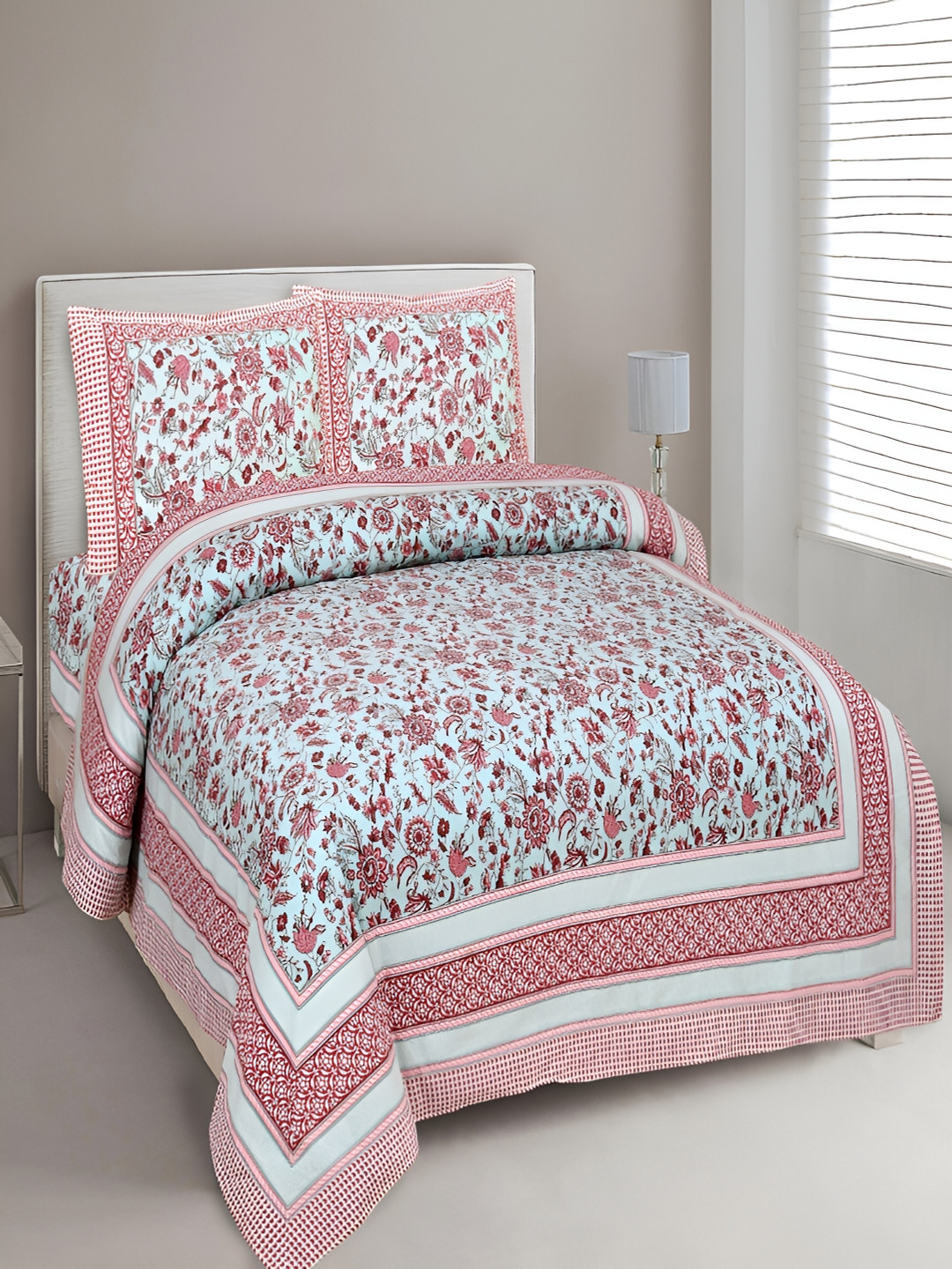 Aura Eleg-33 Turquoise Blue Floral Pure Cotton 180 TC King Fine Bedsheet with 2 Pillow Covers-106 x 89 inches