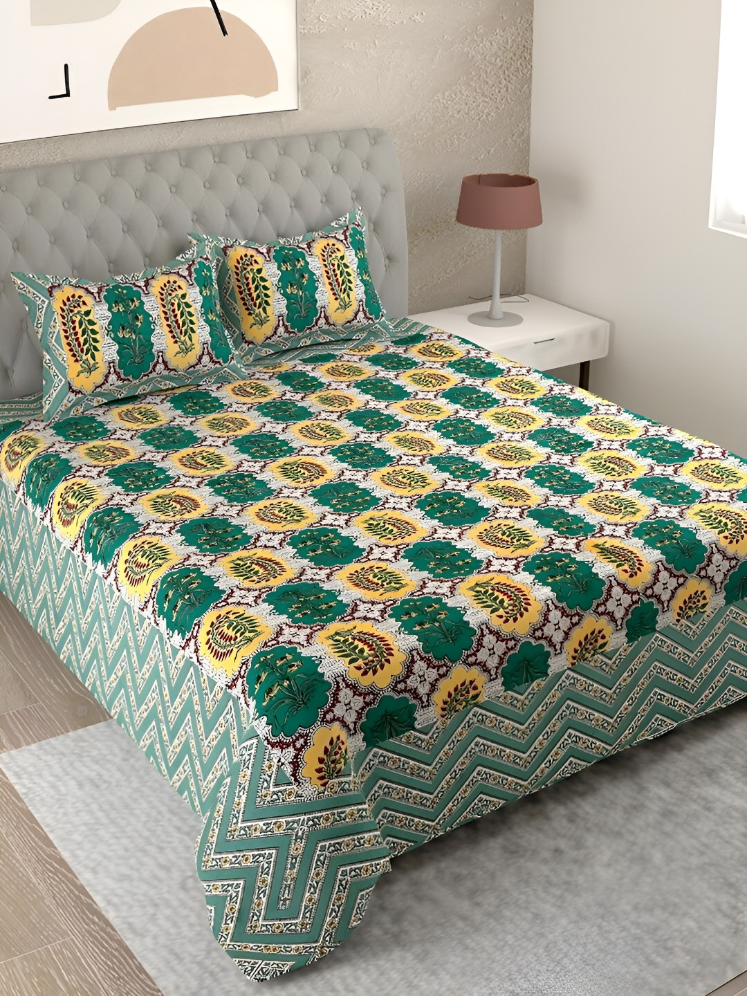Aura Grey & Green Ethnic Motifs Cotton 180 TC King Bedsheet With 2 Pillow Covers