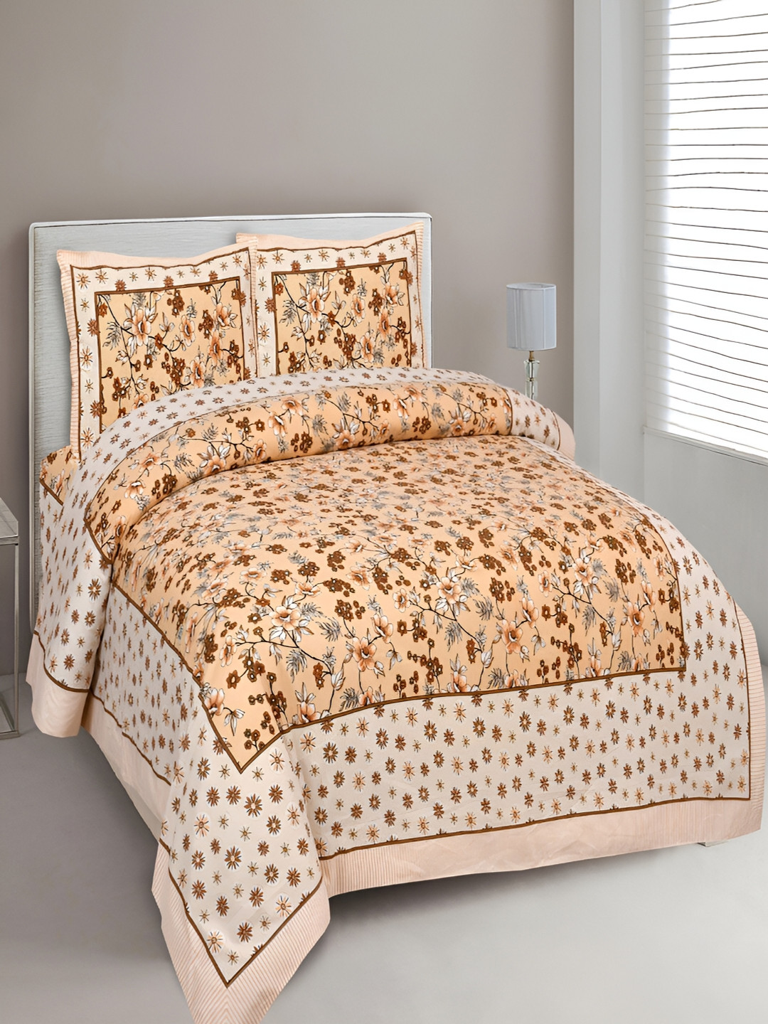 Aura Royal Passion Yellow Floral Cotton 180 TC King Fine Bedsheet with 2 Pillow Covers-106 x 89 inches