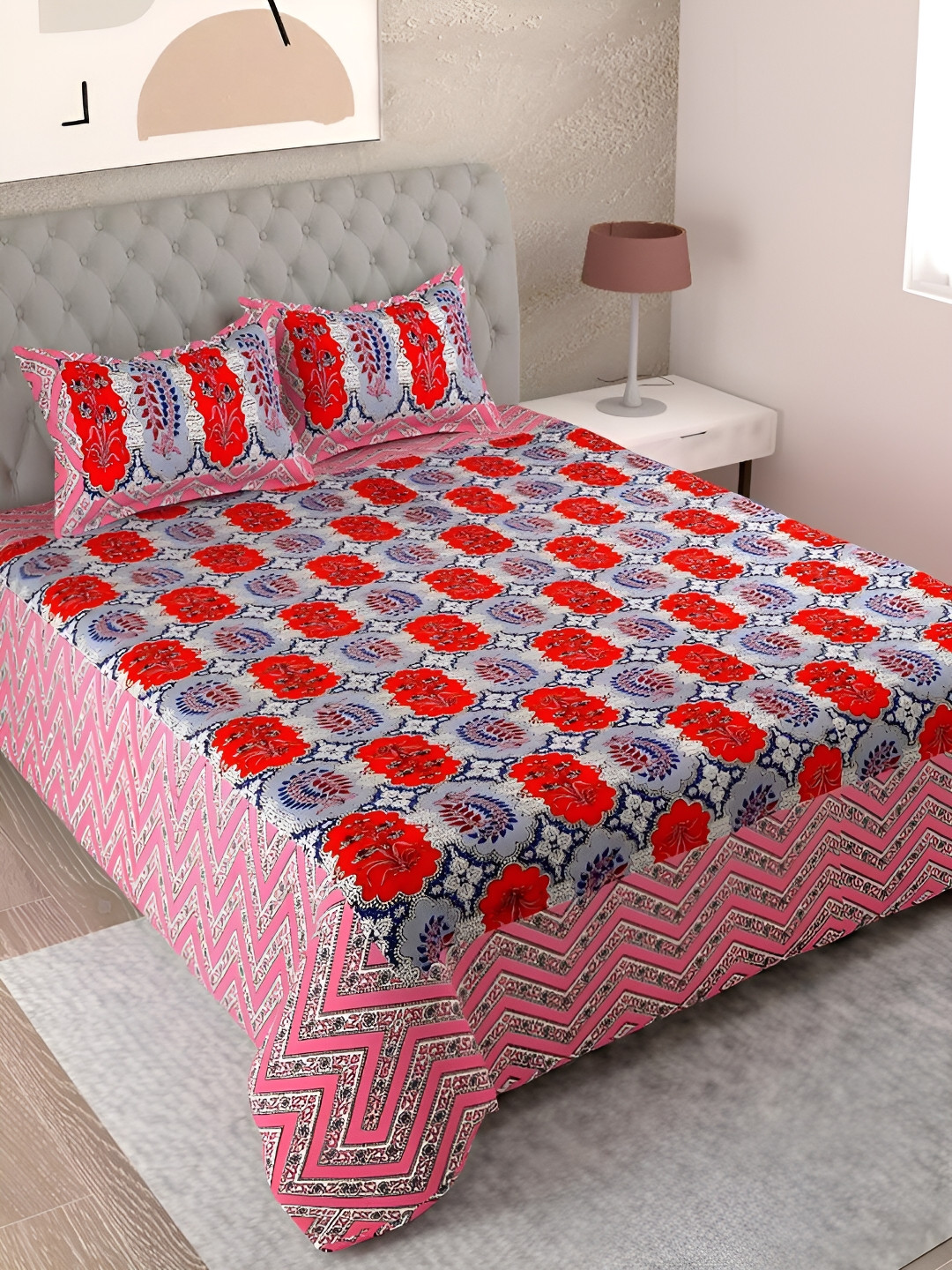 Aura Pink & Grey Ethnic Motifs Cotton 180 TC King Bedsheet With 2 Pillow Covers