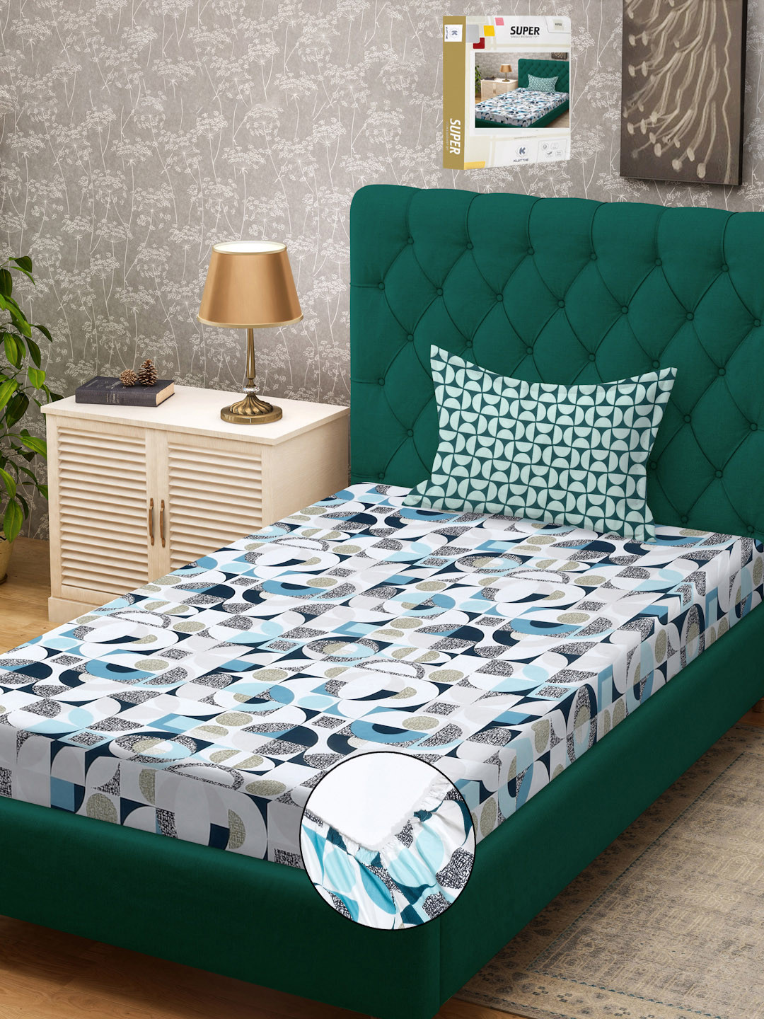 KLOTTHE Book Fold Geometric Printed Fitted 300TC Single Bedsheet With Pillow Cover