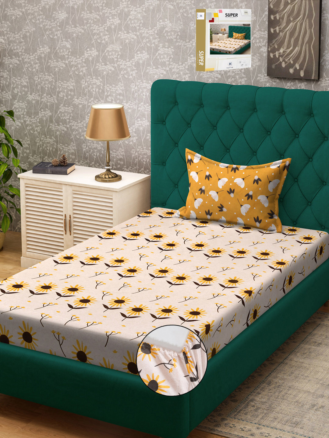 KLOTTHE Book Fold Floral Printed Fitted 300TC Single Bedsheet With Pillow Cover