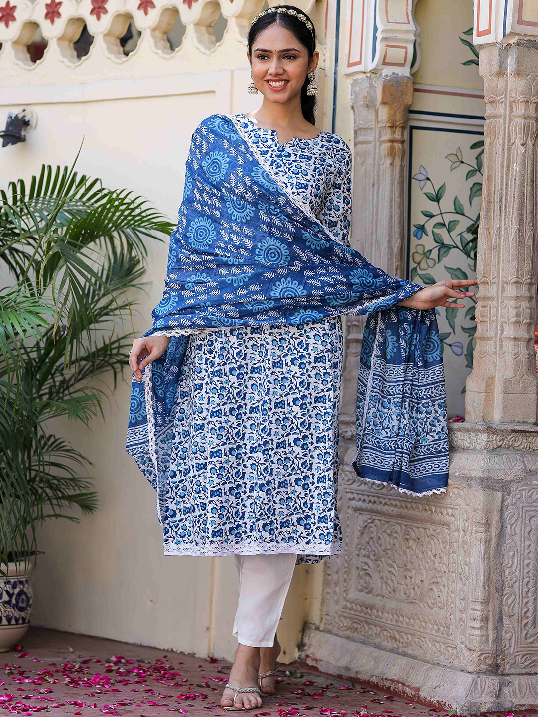 BAIRAJ Ethnic Motifs Printed Regular Gotta Patti Kurta ,Trousers & Dupatta