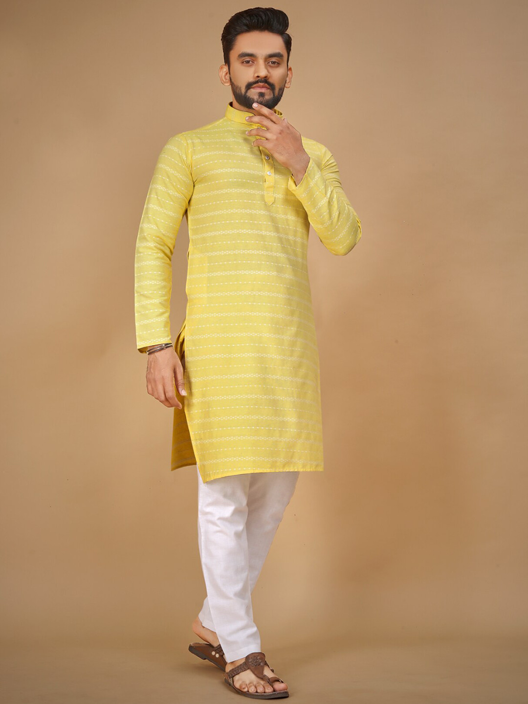 Ekasya Striped Woven Design Thread Work Cotton Straight Kurta