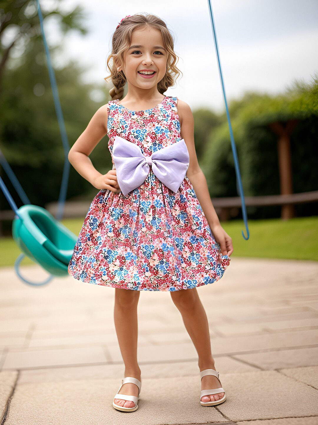 A.T.U.N. Girls Floral Printed Sleeveless Bow Fit & Flare Dress