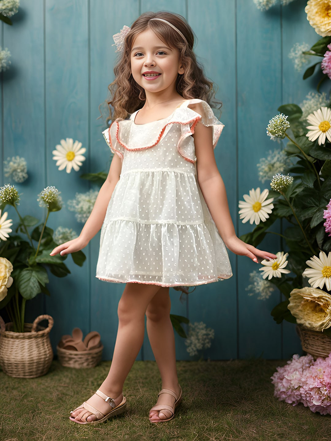 A.T.U.N. Girls Self Design Dobby Sleeveless A-Line Dress