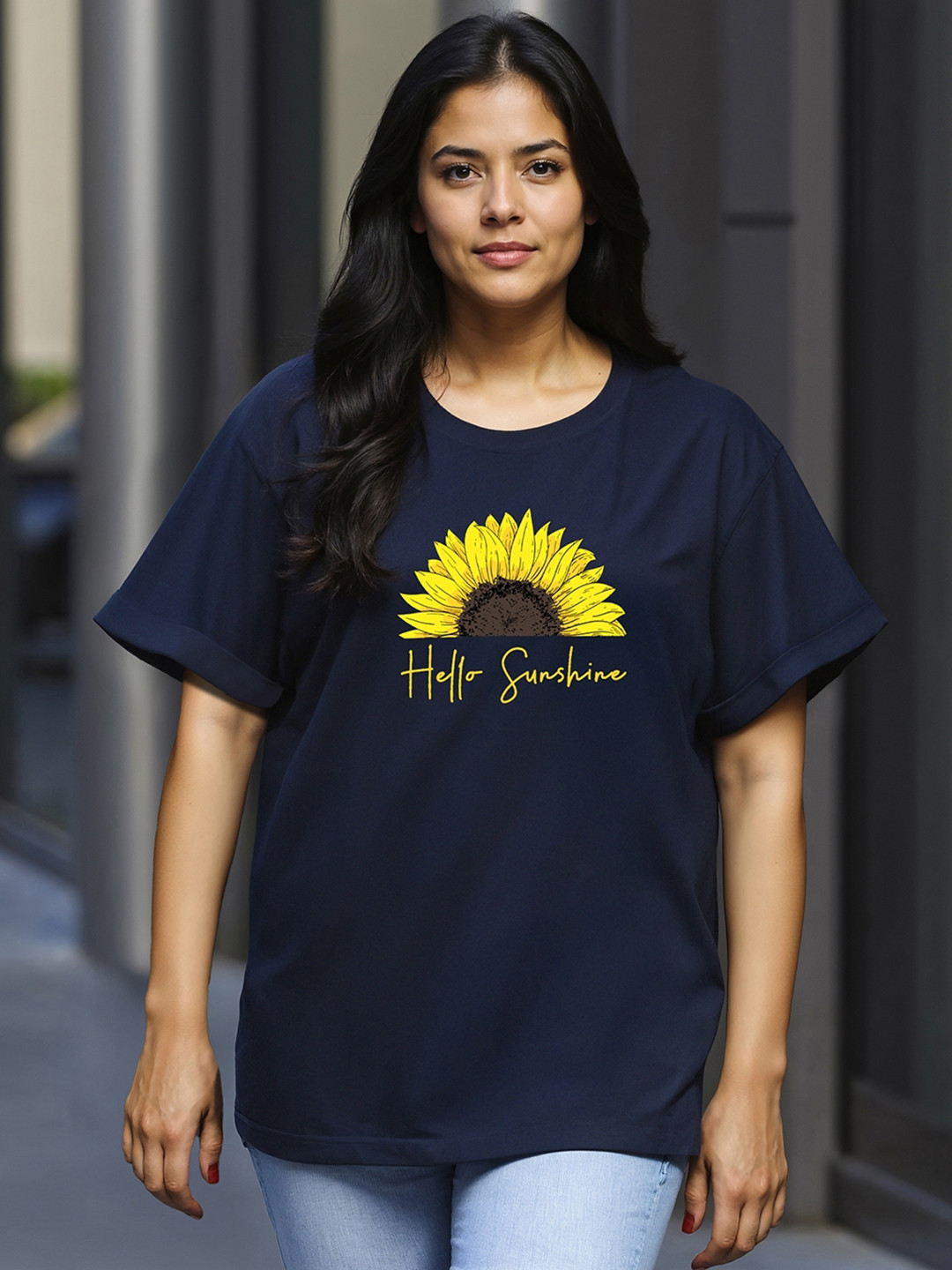 Bewakoof Plus Relaxed-Fit Hello Sunshine Graphic Printed Pure Cotton T-shirt