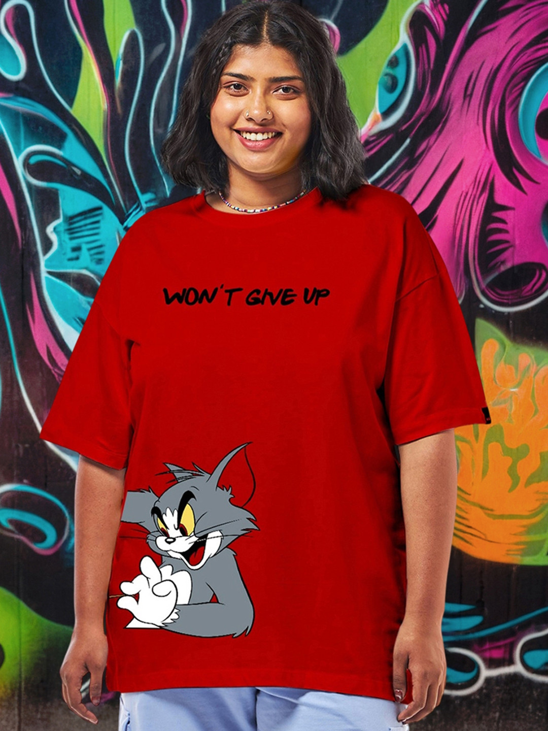 Bewakoof Plus Tom & Jerry Graphic Printed Drop-Shoulder Sleeves Oversized T-shirt