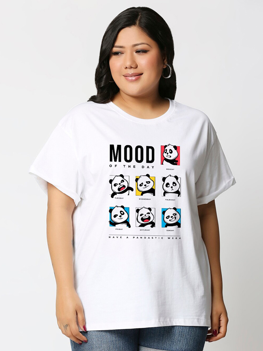 Bewakoof Plus Mood of the Day Panda Graphic Printed Pure Cotton Boyfriend T-shirt