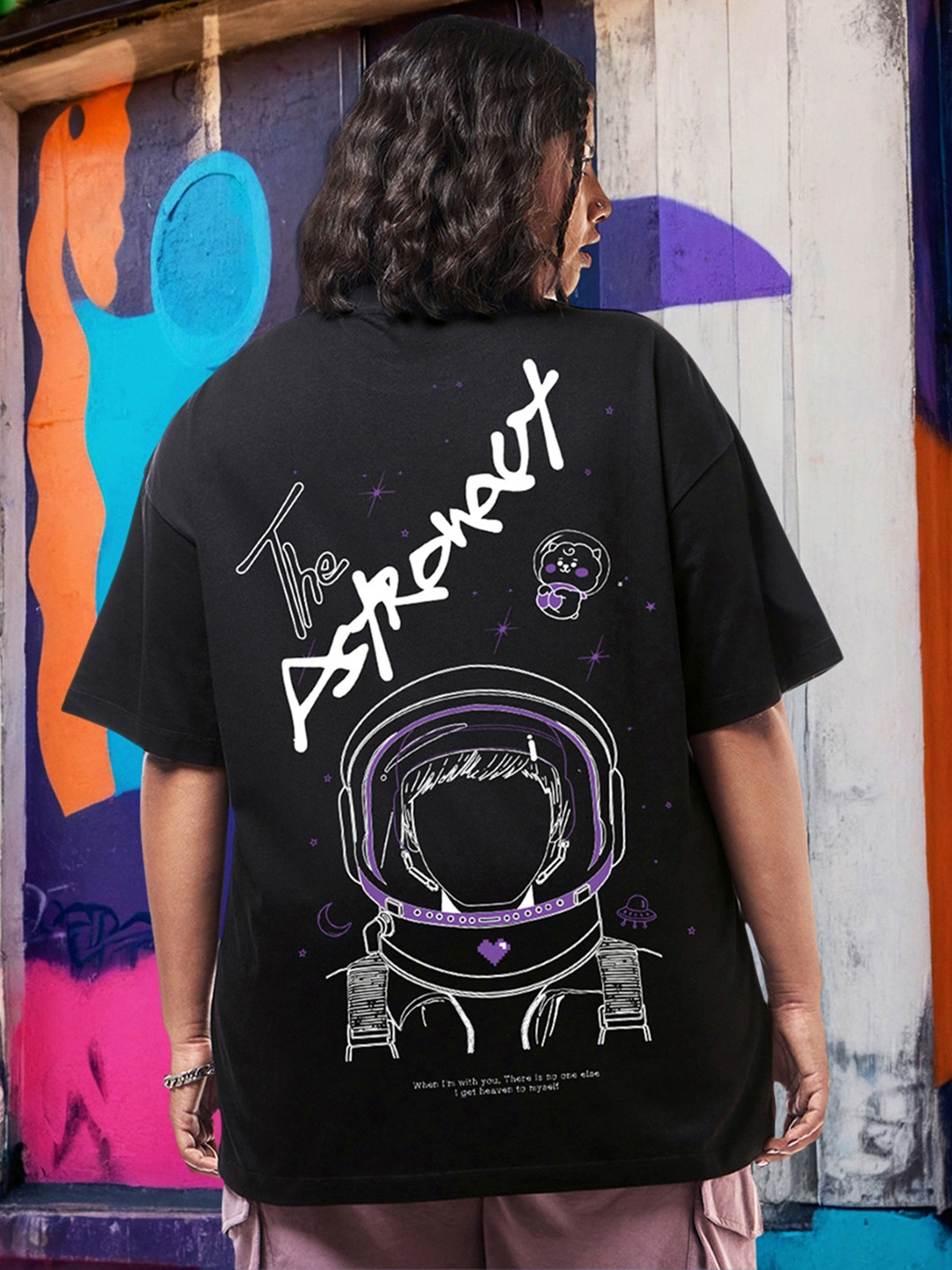 Bewakoof Plus BTS Astro Graphic Printed Drop-Shoulder Sleeves Cotton Oversized T-shirt