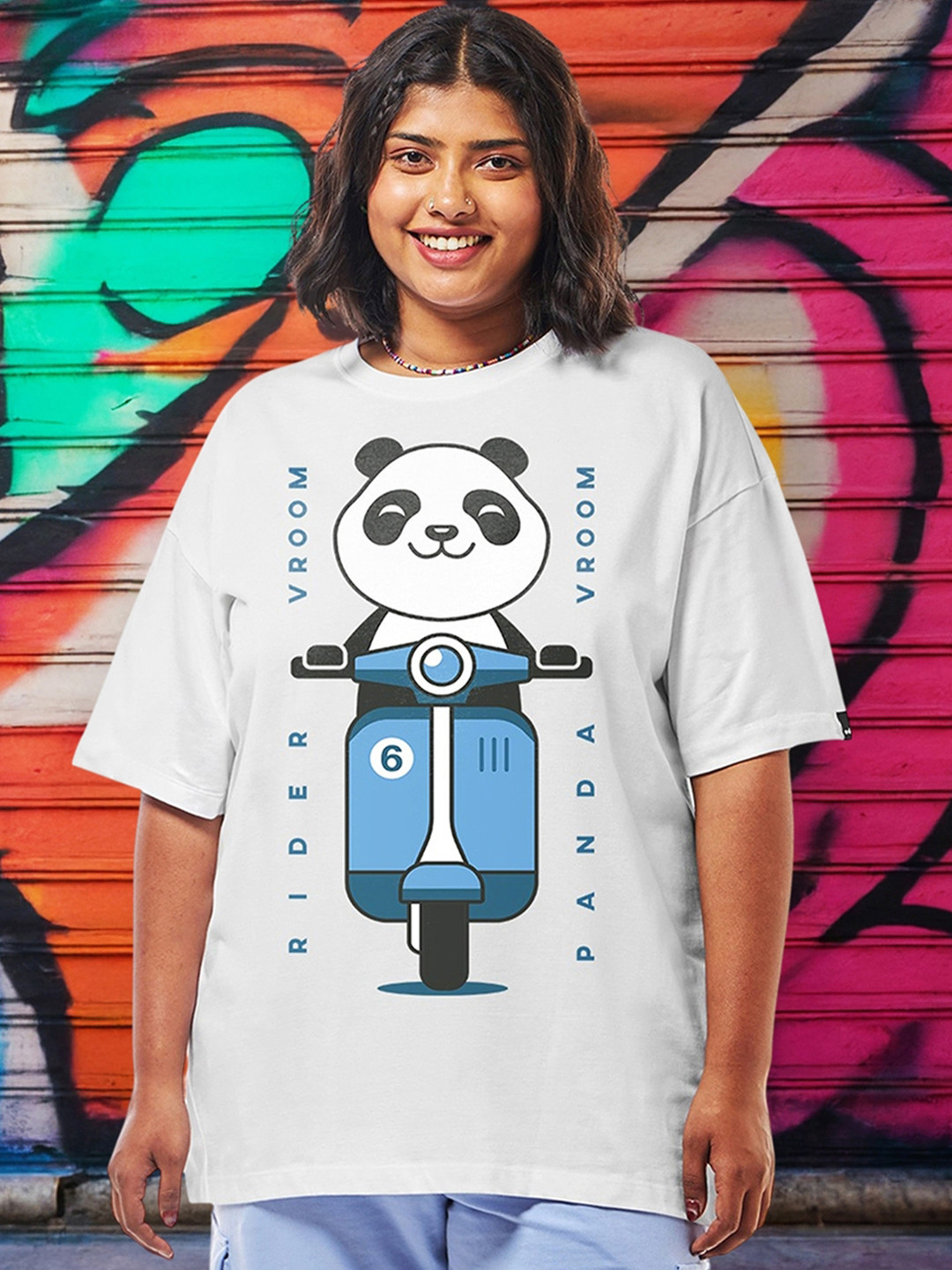 Bewakoof Plus Vroom Panda Graphic Printed Drop-Shoulder Sleeves Pure Cotton T-shirt