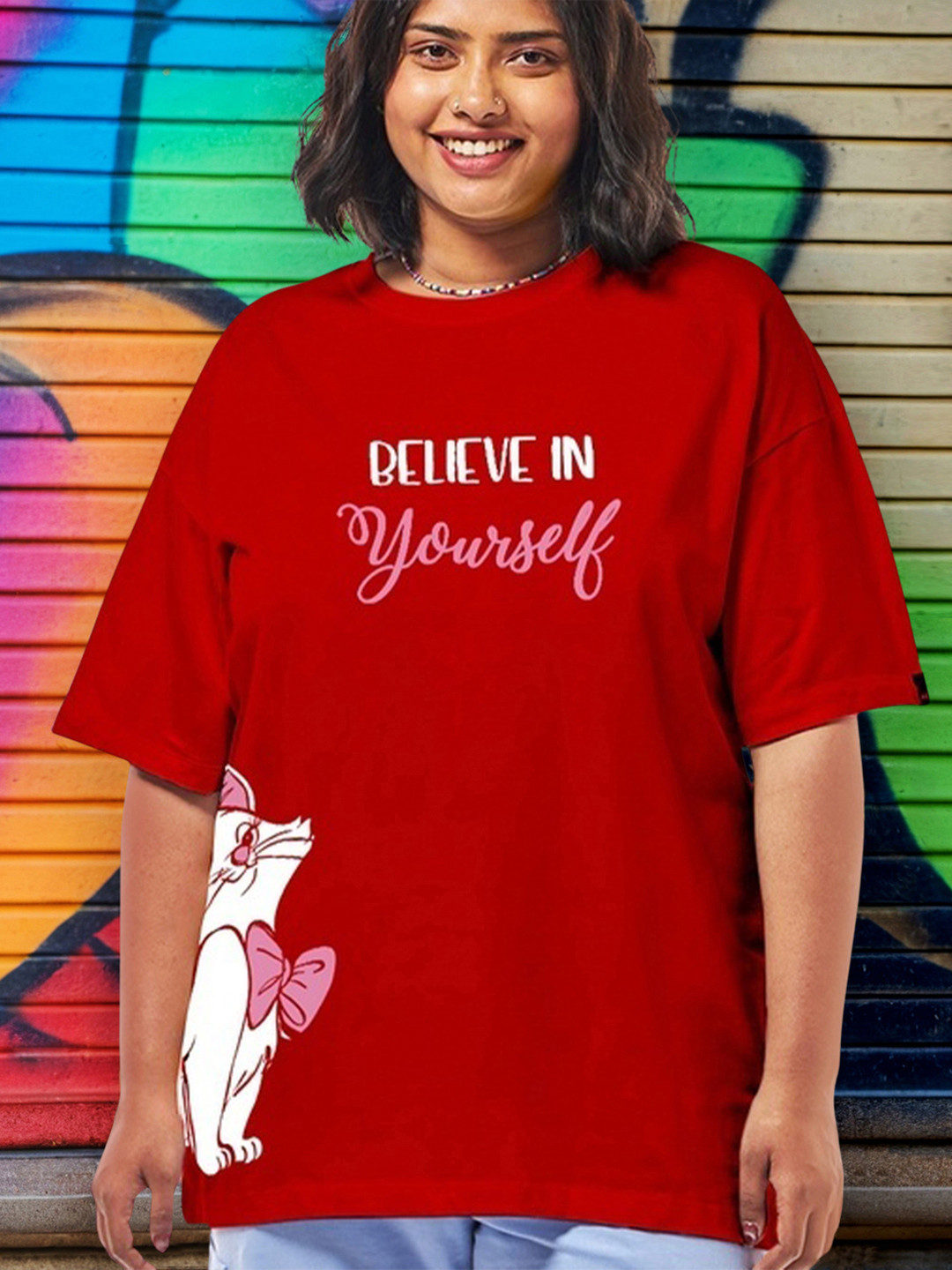Bewakoof Plus Believe Cat Graphic Printed Oversized Pure Cotton T-shirt