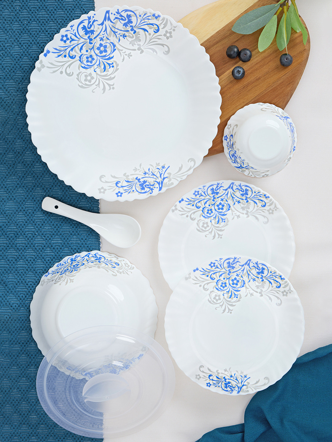 Larah by BOROSIL Arche Jupiter White Blue 34 Pcs Opalware Crocker Dinner  Set