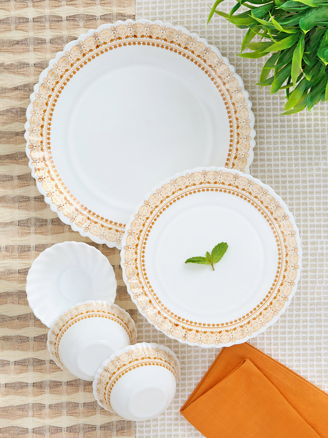 Larah by BOROSIL Jupiter Halo Silk Series White Geometric Opalware Microwave Safe 24 Piece Dinner Set