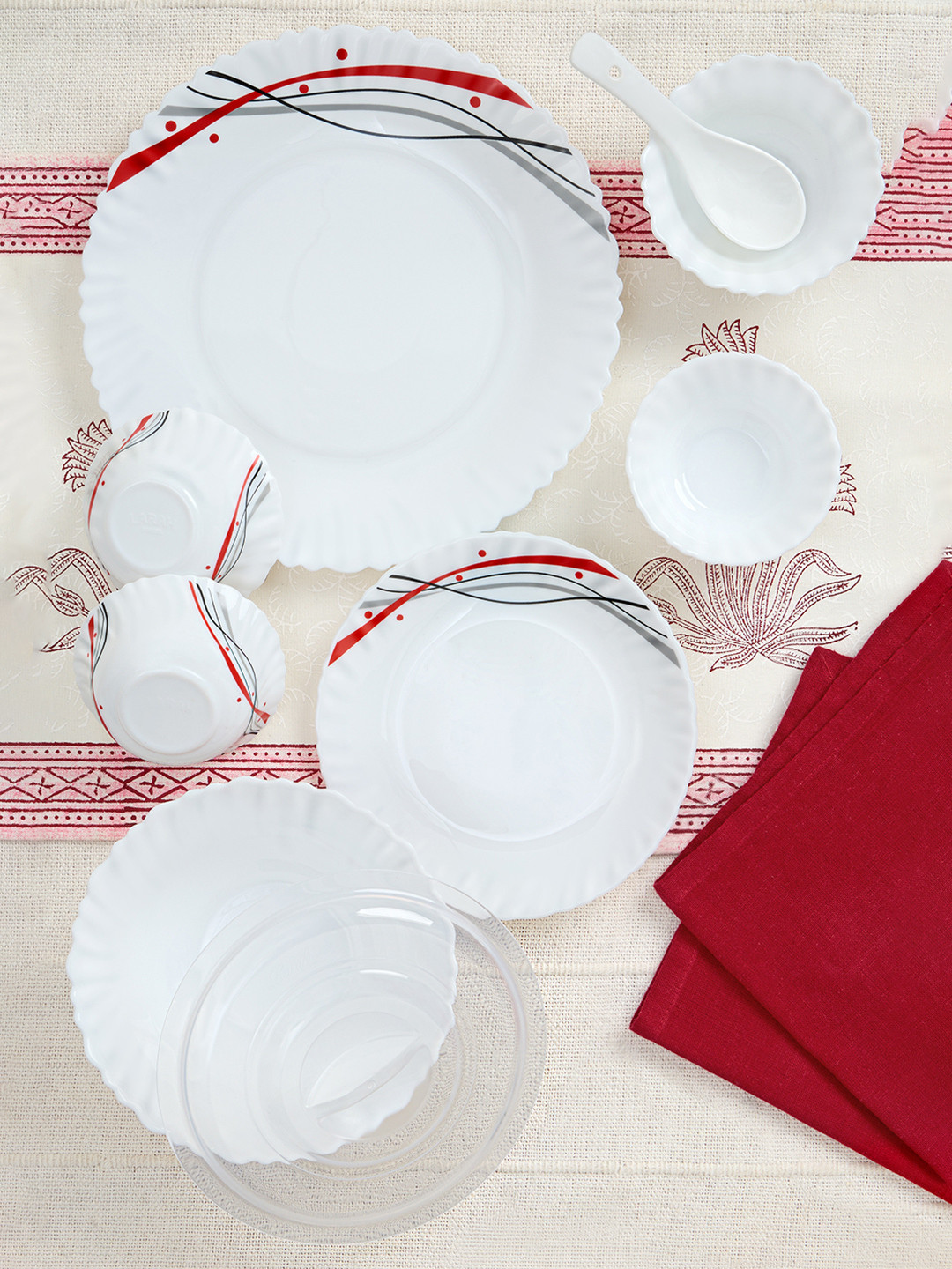Larah by BOROSIL Jupiter Nyla Silk Series White Striped Opalware Microwave Safe 34 Piece Dinner Set