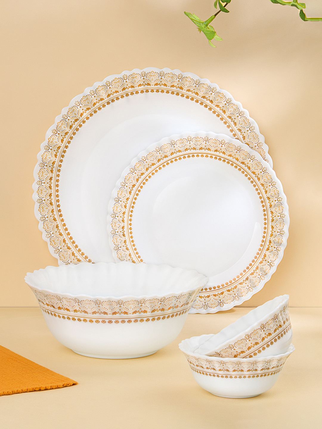 Larah by BOROSIL Jupiter Arche Silk Series White Geometric Opalware Microwave Safe 17 Piece Dinner Set