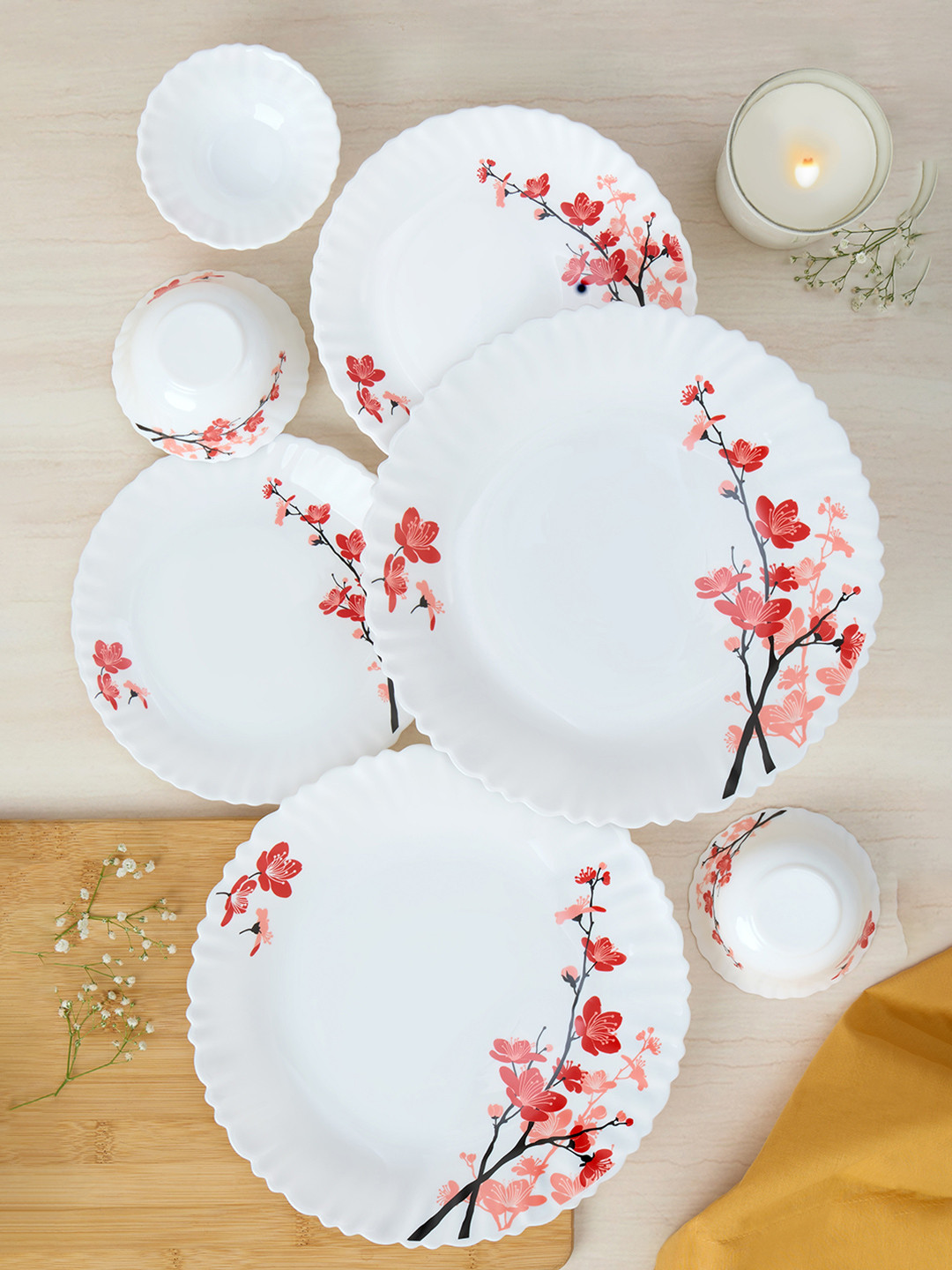 Larah by BOROSIL Jupiter Alina Silk Series White Floral Opalware Dishwasher and Microwave Safe 24 Piece Dinner Set