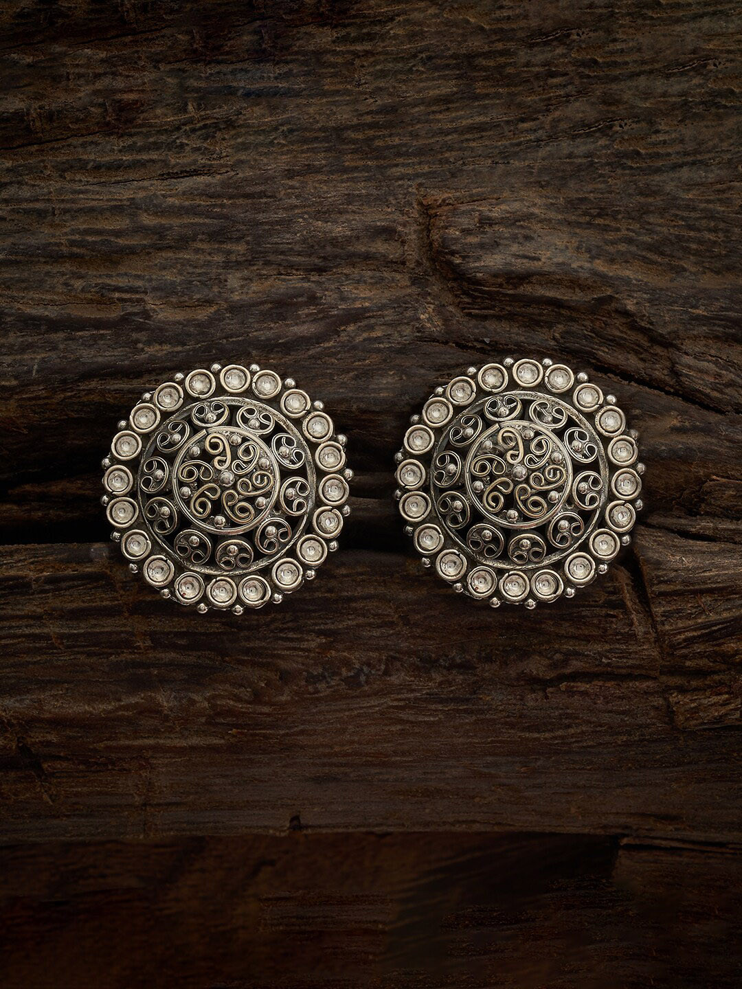 Kushal's Fashion Jewellery Oxidised Silver Rhodium-Plated Circular Stud Earrings