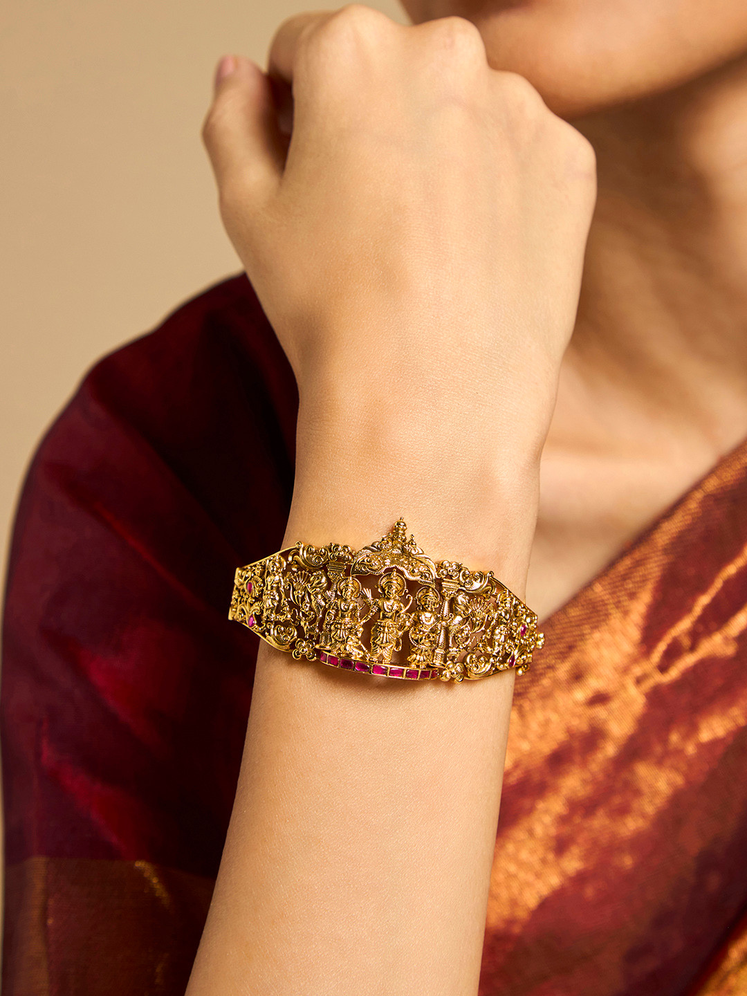 Kushal's Fashion Jewellery Embellished Bridal 92.5 Silver Temple Gold-Plated Kada Bracelet