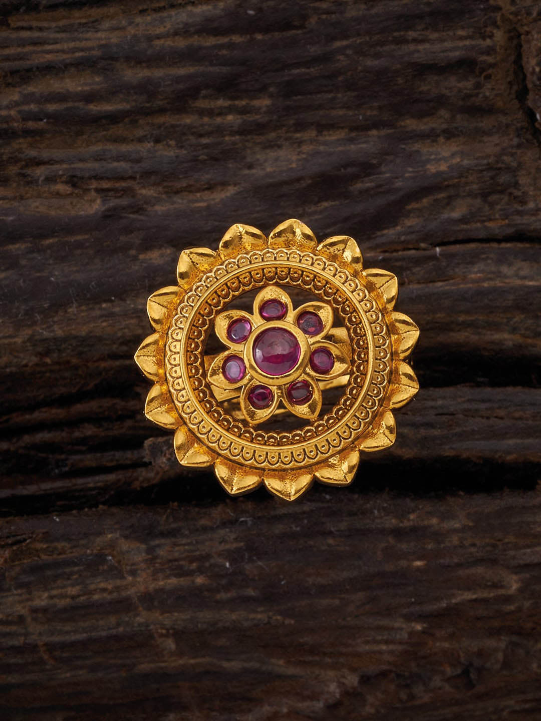 Kushal's Fashion Jewellery Gold-Plated Ruby-Stone Studded Floral Antique Finger Ring