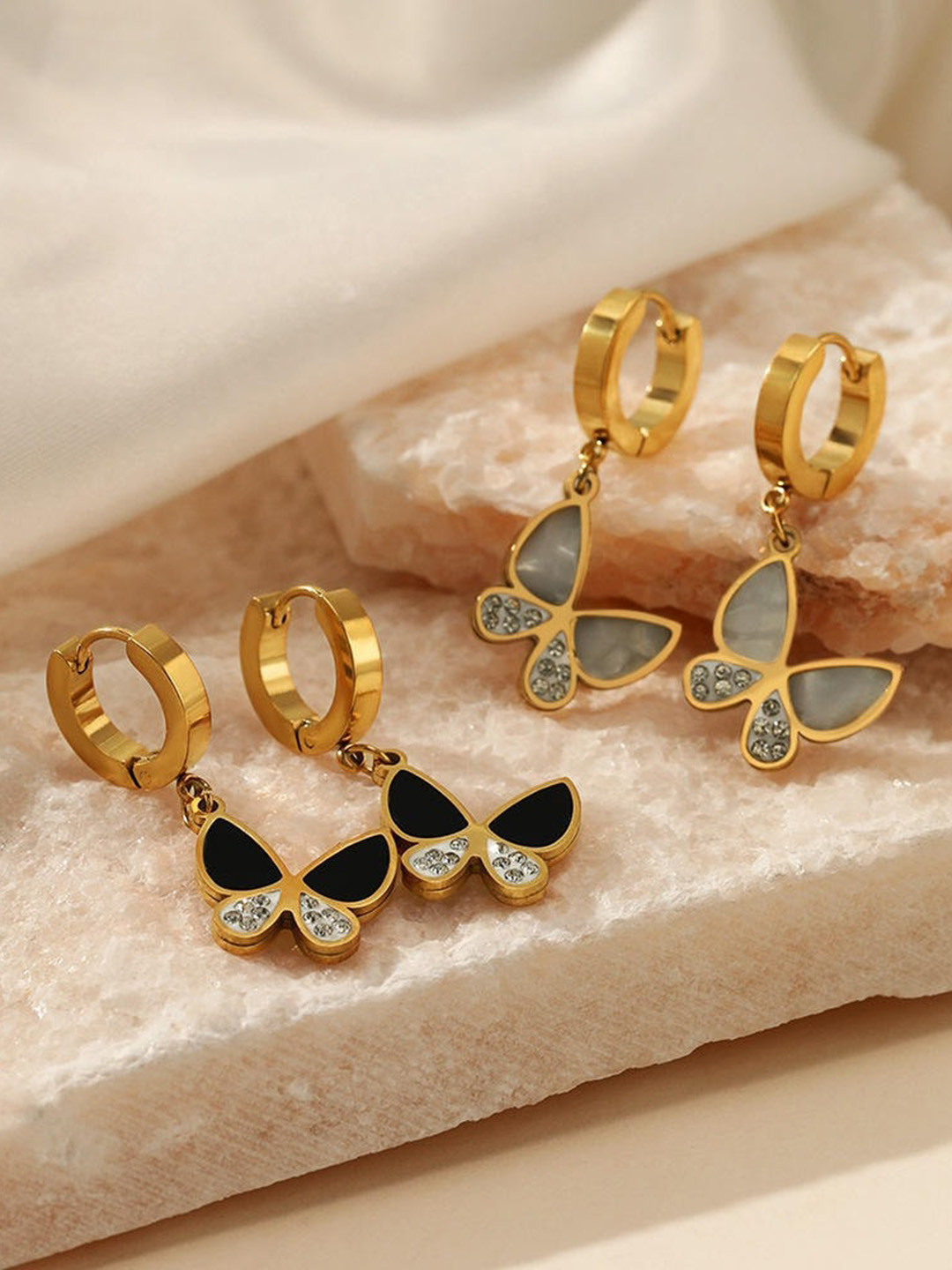 VIEN Gold Plated Butterfly Rhinestone Hoop Earrings