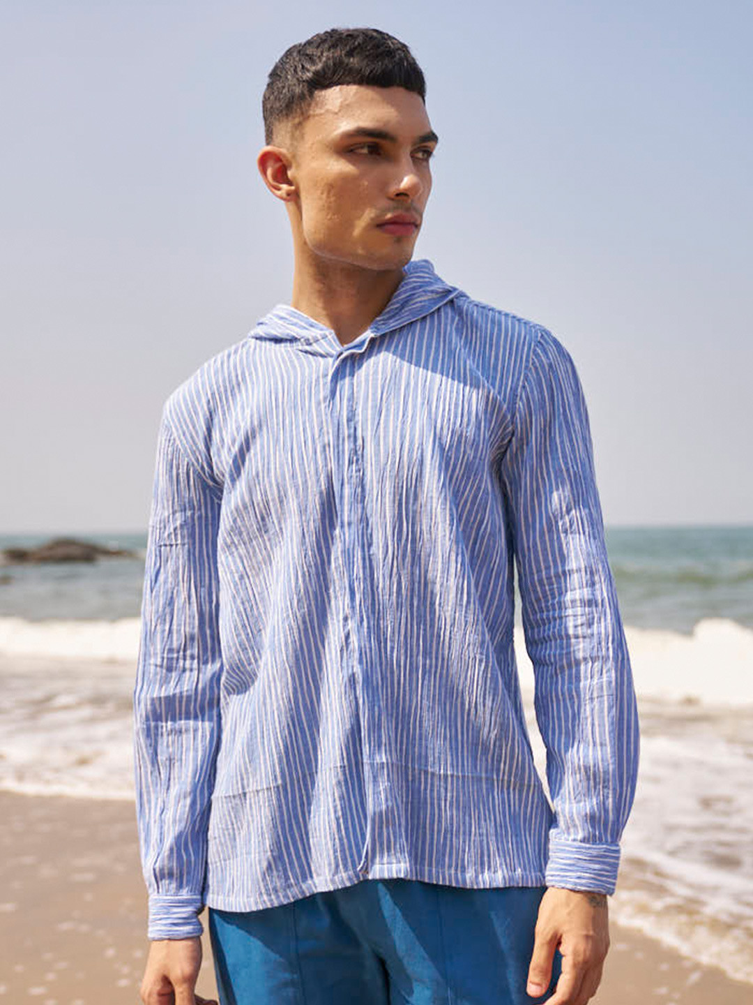 Dash and Dot Relaxed Hood Striped Organic Cotton Casual Shirt