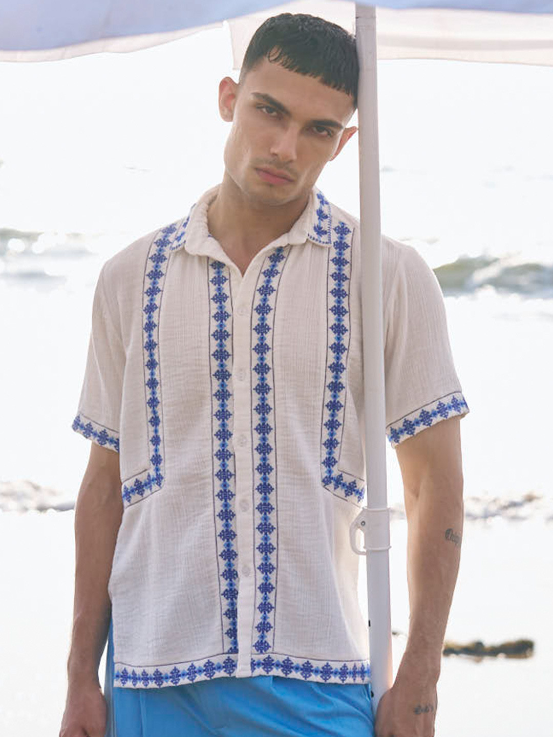 Dash and Dot Relaxed Geometric Printed Organic Cotton Casual Shirt