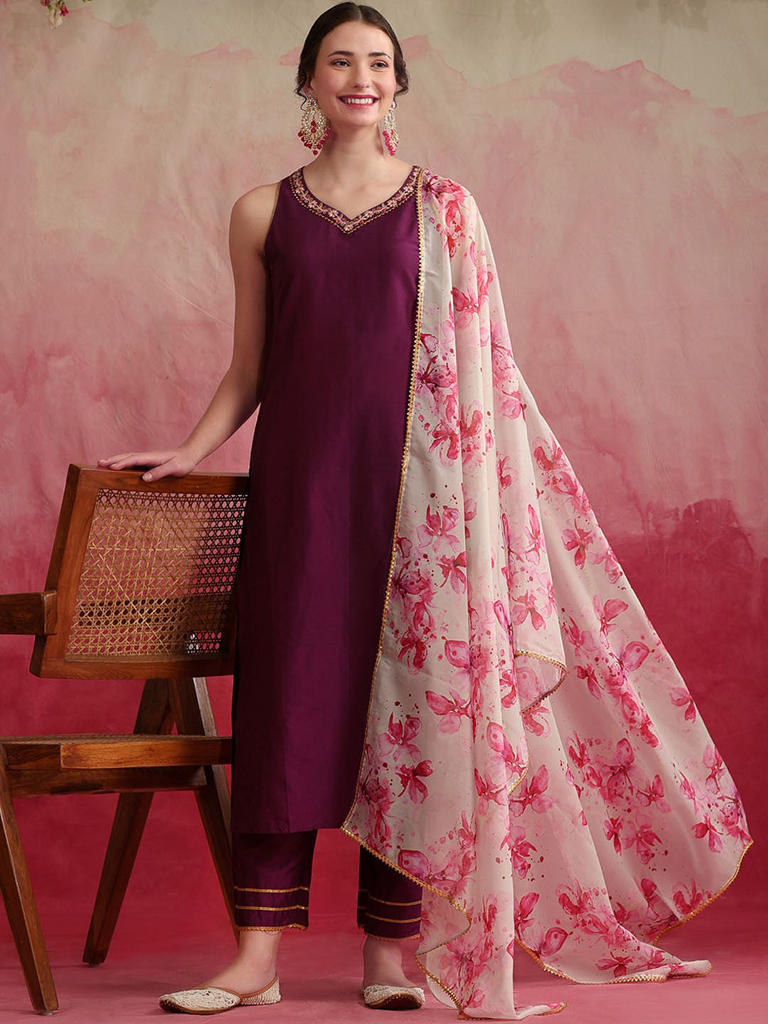 Khushal K Regular Thread Work Kurta with Palazzos & With Dupatta