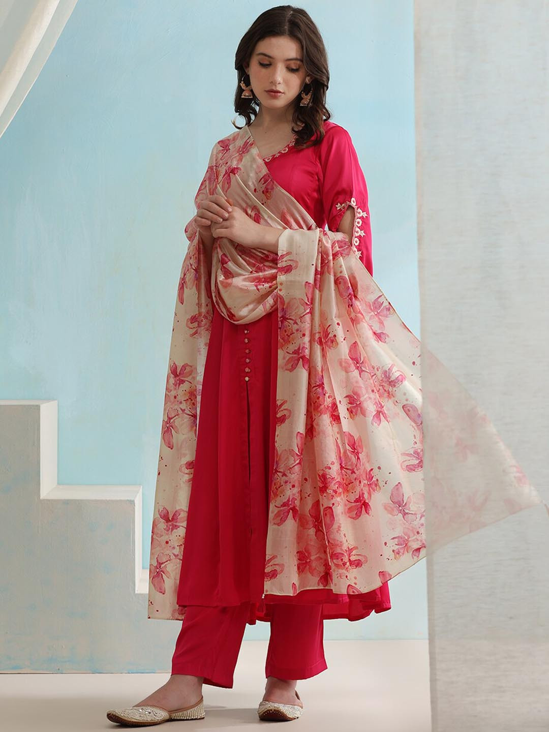 Khushal K Floral Round Neck Short Sleeves Kurta with Palazzos & With Dupatta