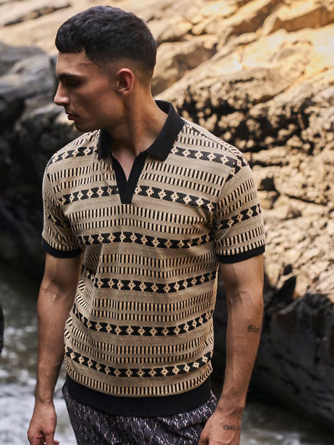 Dash and Dot Geometric Printed Polo Collar Relaxed Fit T-shirt