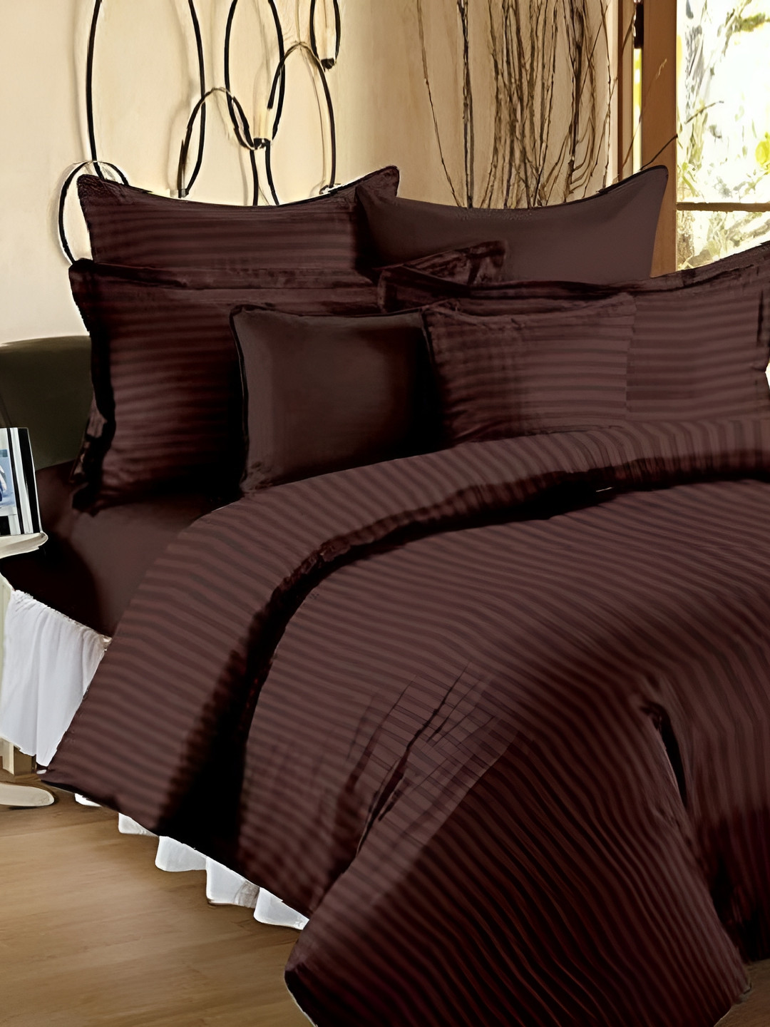 Laying Style Brown Striped Double King Bedding Set