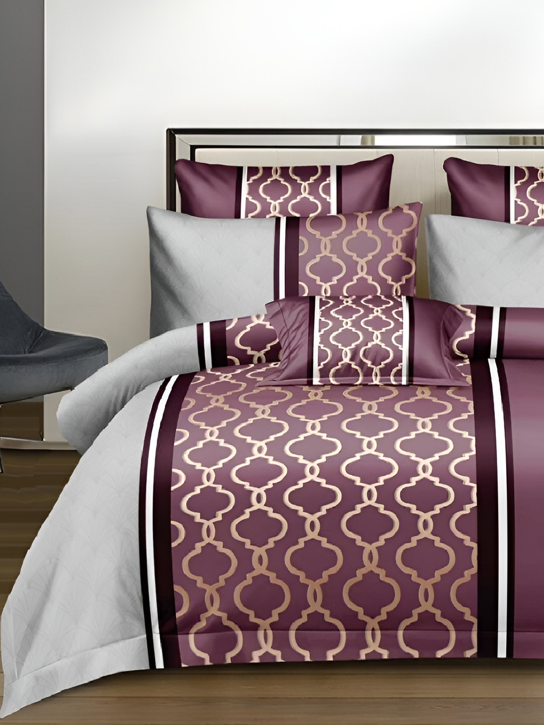 Laying Style Purple & Grey Floral Polycotton 4 Pieces Double King Regular Bedding Set