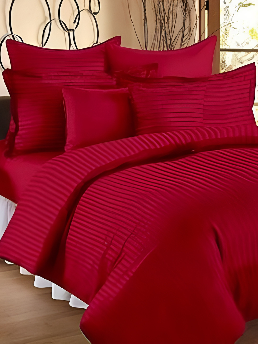 Laying Style Red Striped 4 Pieces Double King Regular Bedding Set